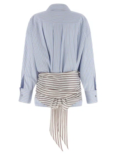 Attico Belted Striped Cotton-poplin Mini Dress In Blue