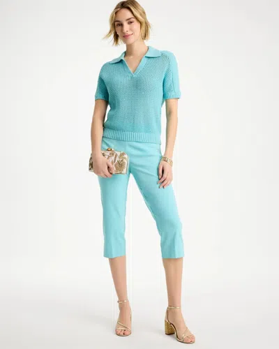 Chico's Sequin Pointelle Pullover Polo Sweater In Bondi Blue In Blue