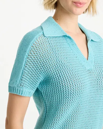 Chico's Sequin Pointelle Pullover Polo Sweater In Bondi Blue In Blue