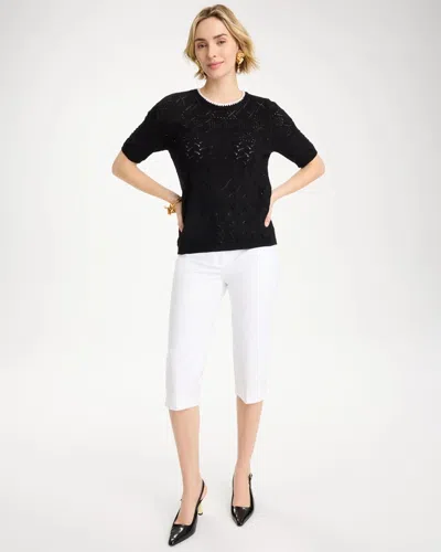 Chico's Pointelle Blanket-stitch Pullover Sweater In Black In Black