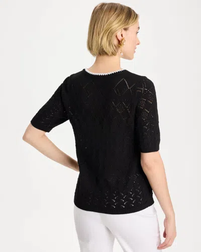 Chico's Pointelle Blanket-stitch Pullover Sweater In Black In Black