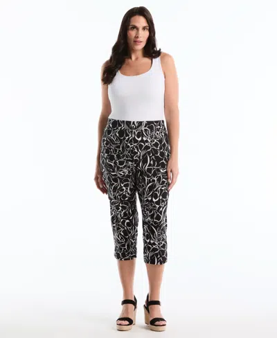 Rafaella Plus Size Hibiscus Printed Pull-on Capri Pants In Black