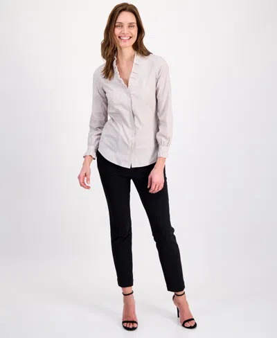 Anne Klein Ruffle Button Down Shirt In Neutral