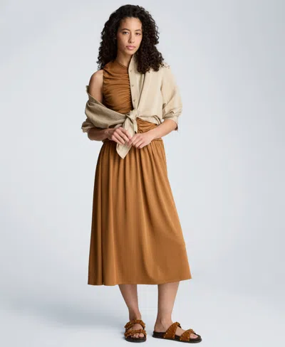 Kenneth Cole Drawstring Ruched A-line Midi Milano Jersey Dress In Multi