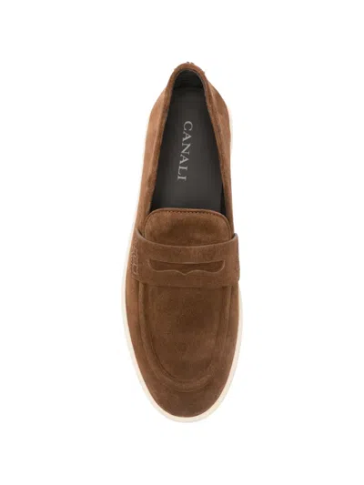 Canali Burnt Brown Suede Penny Loafers With Gunmetal Rivet In Multi
