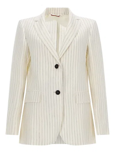 Max Mara Single-breasted Pinstriped Linen Blazer In White