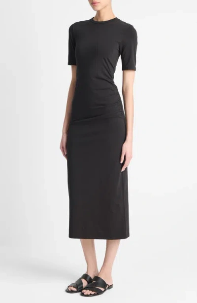 Vince Short-sleeve Ruched Jersey Midi Dress In Black