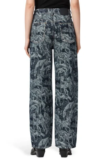 Allsaints Womens Printed Indigo Blake Horse-print Wide-leg Mid-rise Jeans In Purple