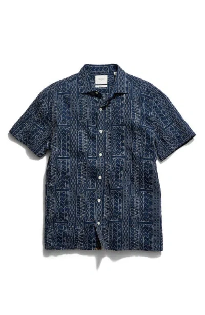 Billy Reid Short Sleeve Geo Stitch Embroidered Treme Shirt In Blue
