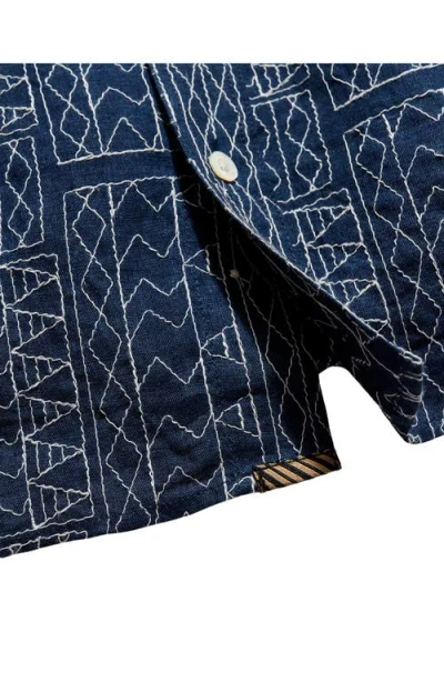 Billy Reid Short Sleeve Geo Stitch Embroidered Treme Shirt In Blue