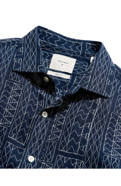Billy Reid Short Sleeve Geo Stitch Embroidered Treme Shirt In Blue
