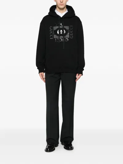 Gucci Men Black Sweatshirt With Hood With Drawstring And Front Logo In Cotton Man In Multi