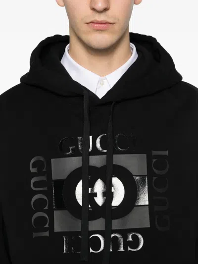 Gucci Men Black Sweatshirt With Hood With Drawstring And Front Logo In Cotton Man In Multi