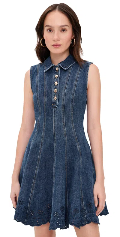 Self-portrait Paneled Broderie Anglaise Denim Mini Dress In Blue