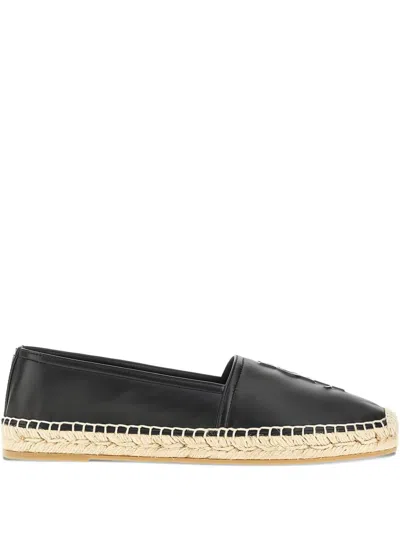Saint Laurent Logo Leather Espadrilles Flat Shoes Black In Black