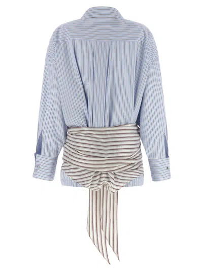 Attico Belted Striped Cotton-poplin Mini Dress In Blue