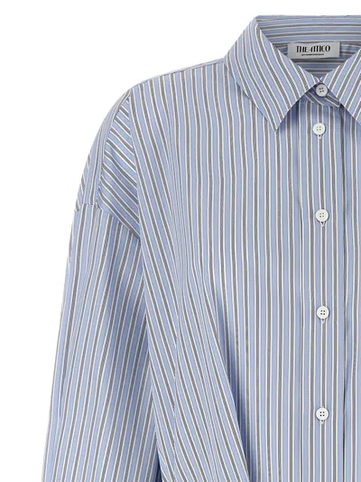 Attico Belted Striped Cotton-poplin Mini Dress In Blue