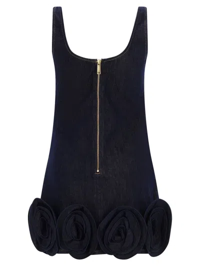 Self-portrait Short Blue Dress With Floral Applique Self Portrait In Black