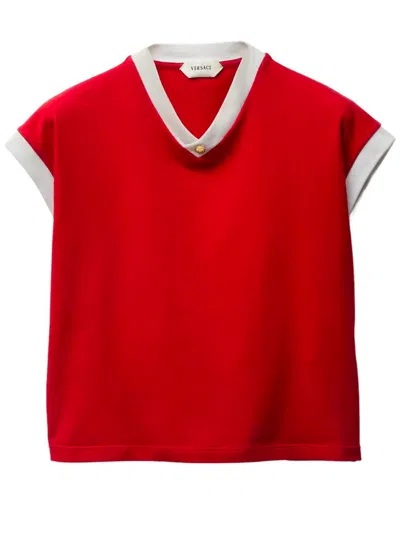 Versace Cotton V Neck Top Short Sleeves Buttons In Multi