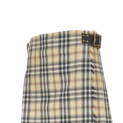Burberry Women Beige Skirt With Adjustable Belt And All-over Check Motif In Wool Woman In Multi