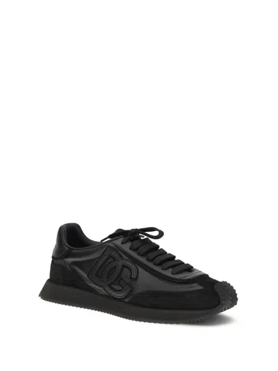 Dolce & Gabbana Round Toe Leather Sneakers With Suede Accents In Black