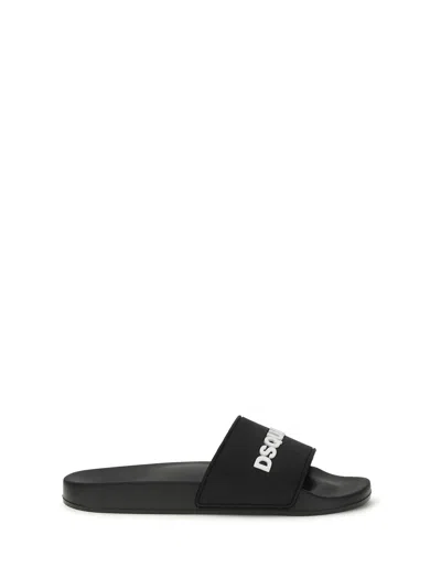 Dsquared2 Logo Slide Sandal Open Toe Flat Sole In Black