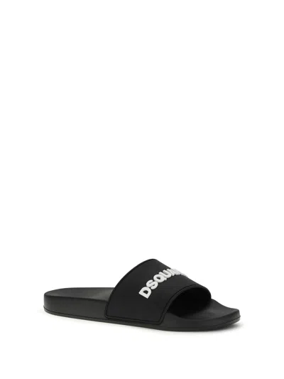 Dsquared2 Logo Slide Sandal Open Toe Flat Sole In Black