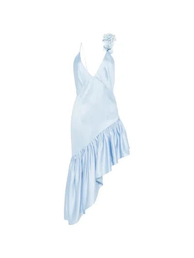 Sandro Paris Lyocell-linen Asymmetric Ruffle Midi Dress In Blue