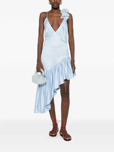 Sandro Paris Lyocell-linen Asymmetric Ruffle Midi Dress In Blue