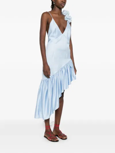 Sandro Paris Lyocell-linen Asymmetric Ruffle Midi Dress In Blue