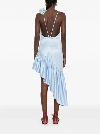 Sandro Paris Lyocell-linen Asymmetric Ruffle Midi Dress In Blue