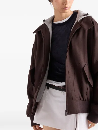 Prada Hooded Rush-stitch Jacket In Brown