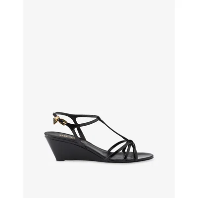 Prada Leather Sandals Wedge Heel Open Toe In Black