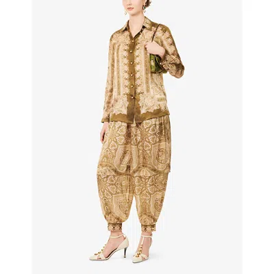 Zimmermann Womens Olive Perla Paisley Luna Harem Silk Trousers Xl In Brown