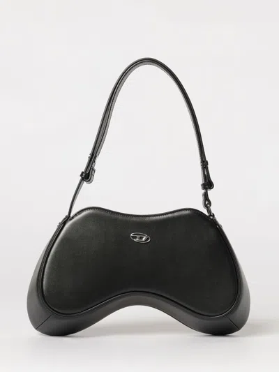 Diesel Play-semi Gloss Leather Shoulder Bag In Black