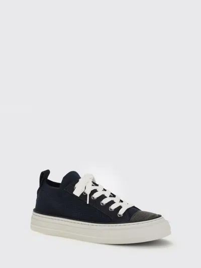 Brunello Cucinelli Bead-embellished Suede-trimmed Stretch-knit Sneakers In Blue