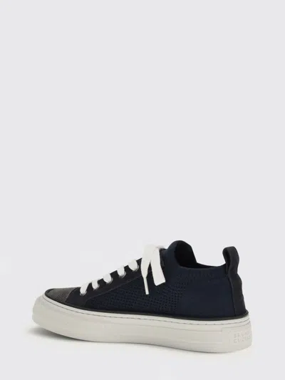 Brunello Cucinelli Bead-embellished Suede-trimmed Stretch-knit Sneakers In Blue