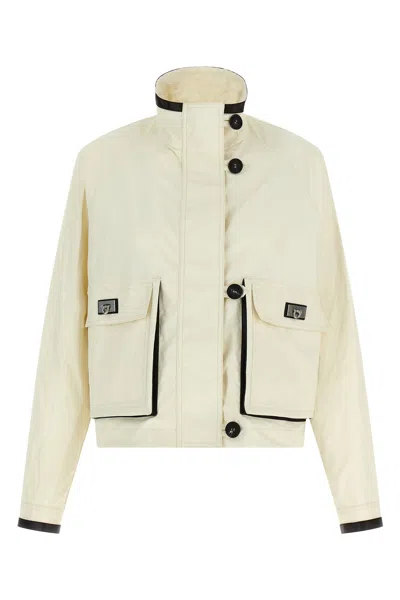 Ferragamo Technical Linen Jacket High Collar Long Sleeves In White