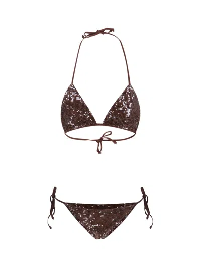 P.a.r.o.s.h Triangle Bikini Micro Sequins Sliding Cups In Brown