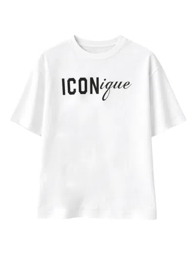 Dsquared2 Men White Crew Neck T-shirt With Raised Collar And Maxi Logo On The Front In Cotton Man In White