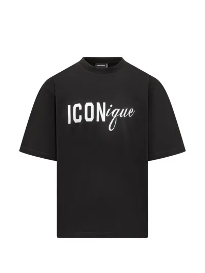 Dsquared2 Black T-shirt Iconique Loose Fit With Round Neck And Logo Print On The Front In Mens Cotton In Black