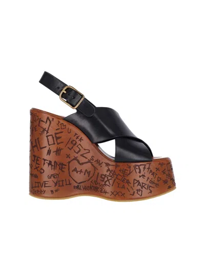 Chloé Maxime Black Wedges With High Embossed High Wedge Heel And Crossover Strap On The Toe In Leather Wom In Black