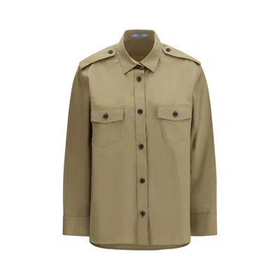 Prada Cotton Poplin Shirt Tailored Collar Button Epaulettes In Green