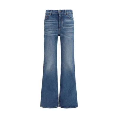 Chloé Women Blue Jeans With Wide Leg And Pendant Charm On The Front In Denim Woman In Blue