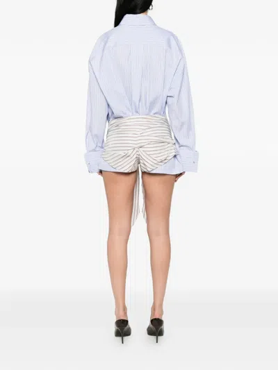 Attico Belted Striped Cotton-poplin Mini Dress In Blue