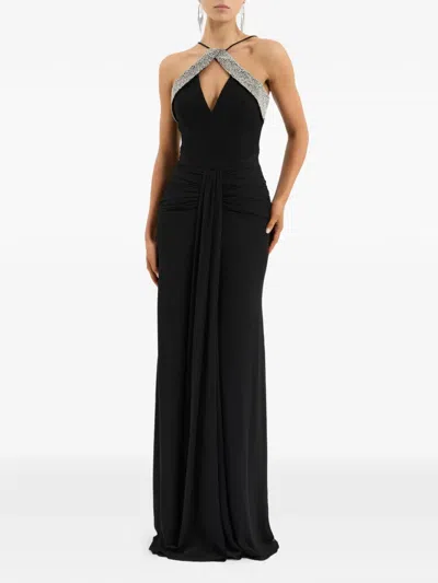 Rebecca Vallance Astros Draped Crystal-trim Halter Gown In Black