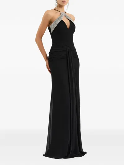 Rebecca Vallance Astros Draped Crystal-trim Halter Gown In Black