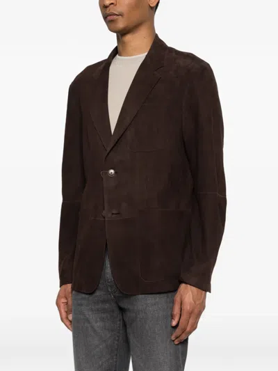 Canali Button Suede Blazer In Brown