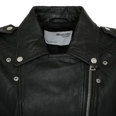 Selected Long-sleeved Leather Jacket In Black
