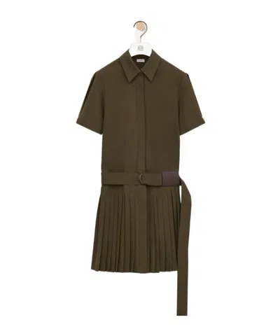 Loewe Womens Khaki Green Pleated Short-sleeve Cotton Blend Mini Dress